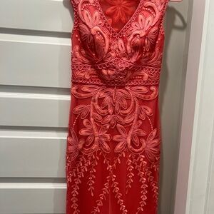 Elegant Salmon Pink Embroidered midi Dress